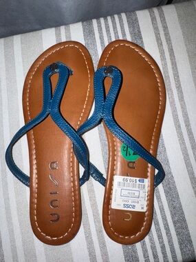 Unisa Blue Leather Thong Sandals with Brown Footbed